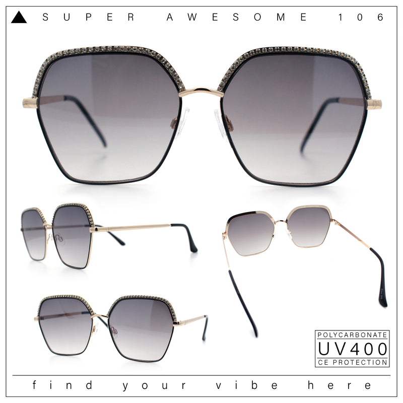 Womens Bling Rhinestone Brow Trim Rectangle Butterfly Metal Rim Sunglasses