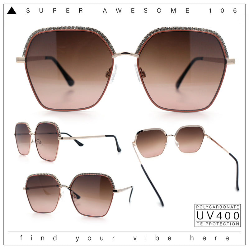 Womens Bling Rhinestone Brow Trim Rectangle Butterfly Metal Rim Sunglasses