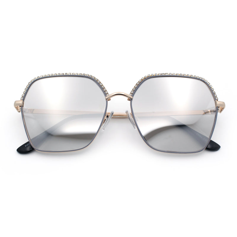 Womens Bling Rhinestone Brow Trim Rectangle Butterfly Metal Rim Sunglasses