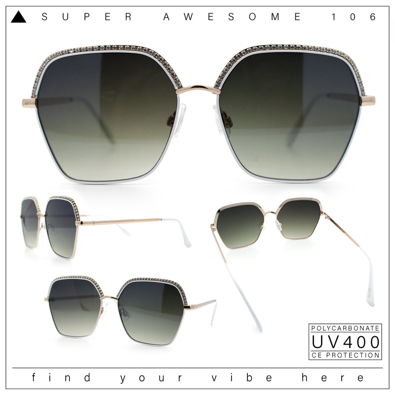 Womens Bling Rhinestone Brow Trim Rectangle Butterfly Metal Rim Sunglasses