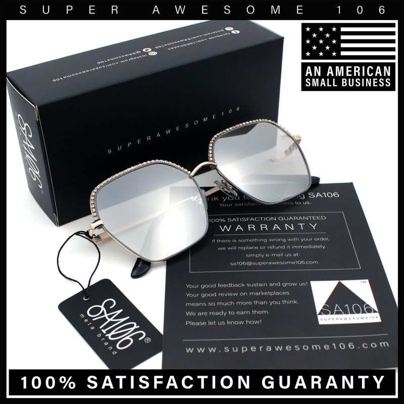 Womens Bling Rhinestone Brow Trim Rectangle Butterfly Metal Rim Sunglasses