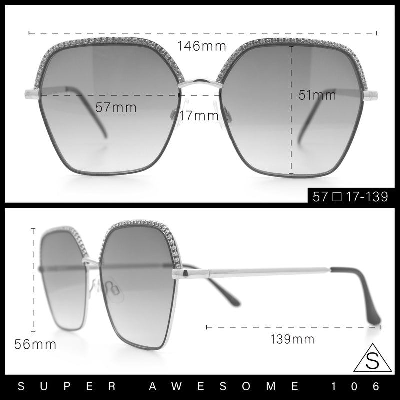 Womens Bling Rhinestone Brow Trim Rectangle Butterfly Metal Rim Sunglasses