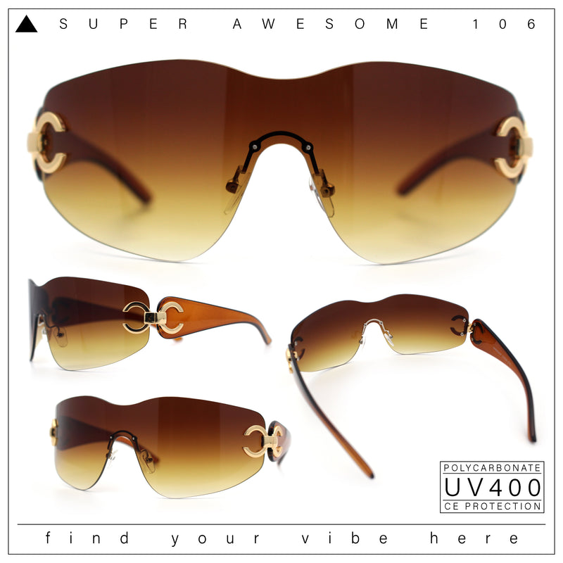 Womens Luxury Rimless Shield Bold Oversize Wrap Diva Sunglasses
