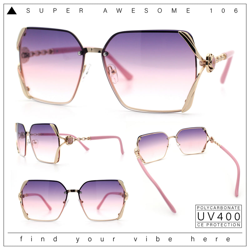 Womens Rimless Metal Rim Rectangle Butterfly Luxe Fashion Sunglasses