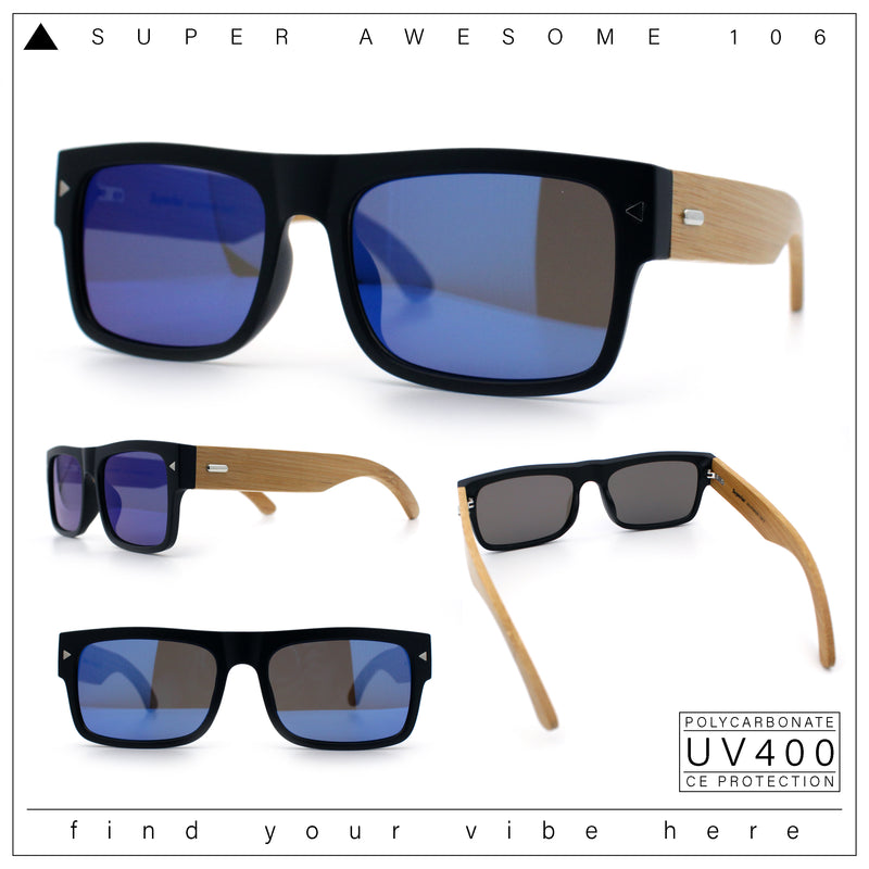 Thick Real Bamboo Wood Arm Square Narrow Rectangle Horn Rim Sunglasses