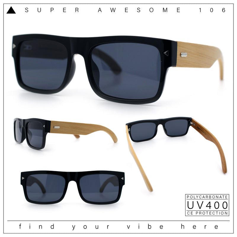 Thick Real Bamboo Wood Arm Square Narrow Rectangle Horn Rim Sunglasses
