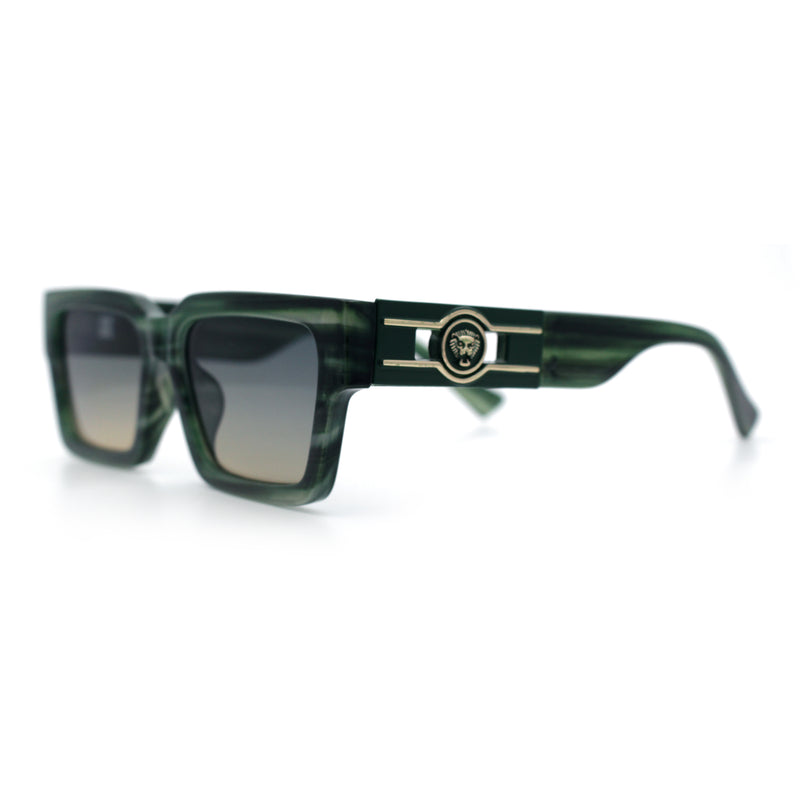 Luxe Lion Head Jewel Hinge Narrow Rectangle Horn Rim Plastic Sunglasses