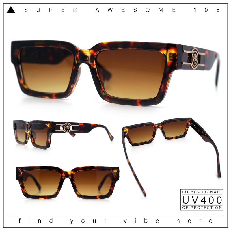 Luxe Lion Head Jewel Hinge Narrow Rectangle Horn Rim Plastic Sunglasses