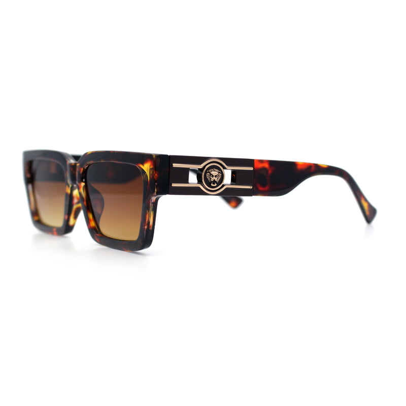Luxe Lion Head Jewel Hinge Narrow Rectangle Horn Rim Plastic Sunglasses