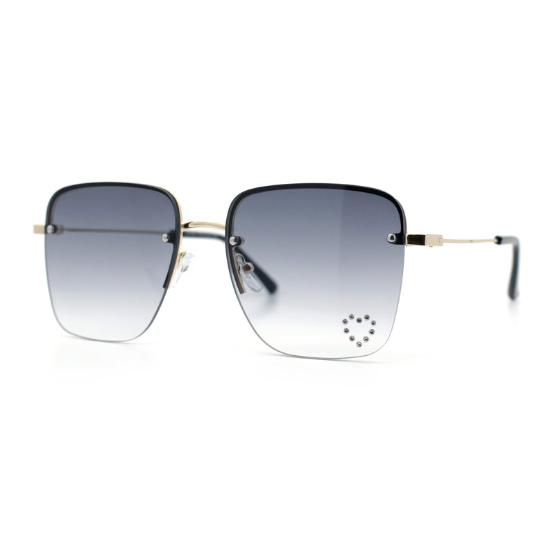 Womens Rimless Rectangle Rhinestone Heart Jewel Studded Lens Metal Sunglasses