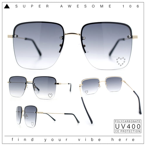 Womens Rimless Rectangle Rhinestone Heart Jewel Studded Lens Metal Sunglasses
