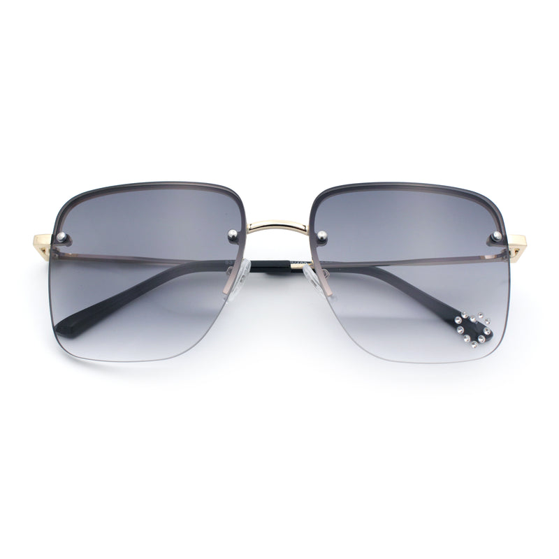Womens Rimless Rectangle Rhinestone Heart Jewel Studded Lens Metal Sunglasses