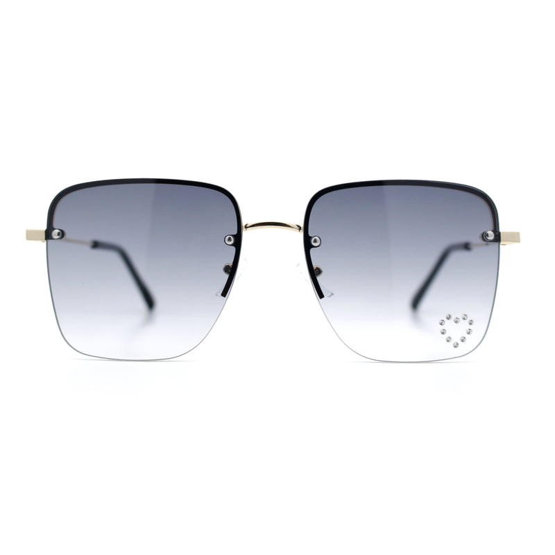 Womens Rimless Rectangle Rhinestone Heart Jewel Studded Lens Metal Sunglasses