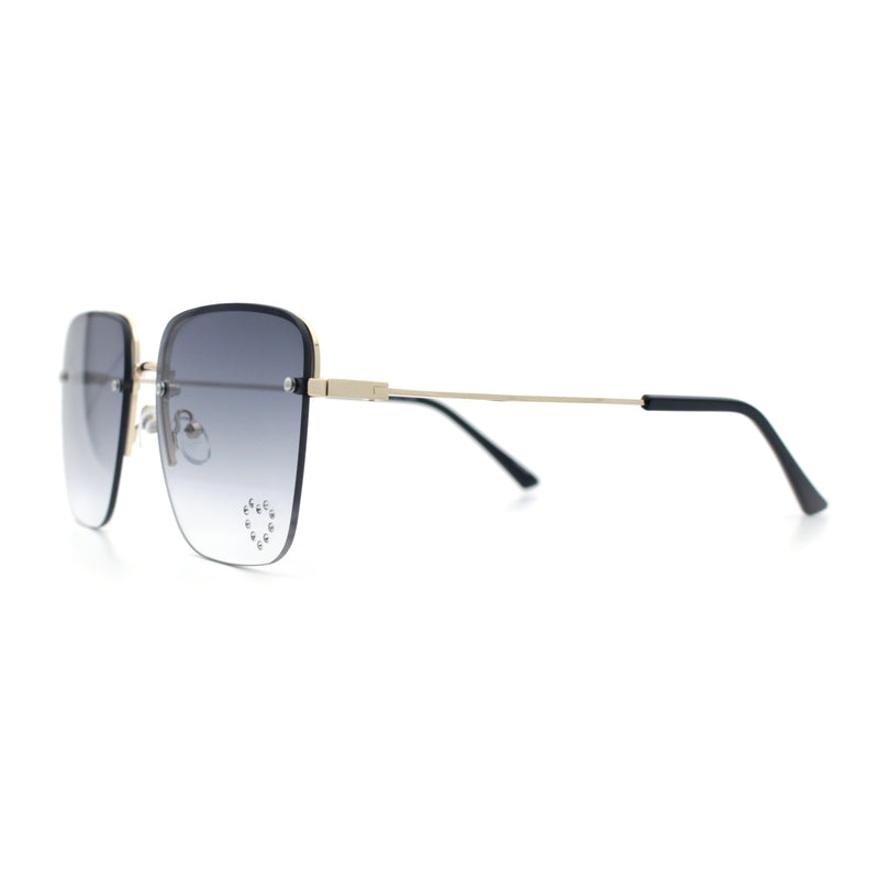 Womens Rimless Rectangle Rhinestone Heart Jewel Studded Lens Metal Sunglasses