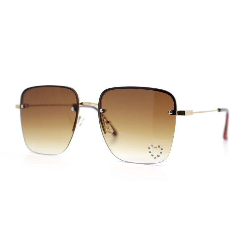 Womens Rimless Rectangle Rhinestone Heart Jewel Studded Lens Metal Sunglasses