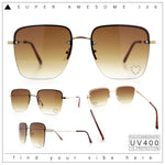 Womens Rimless Rectangle Rhinestone Heart Jewel Studded Lens Metal Sunglasses