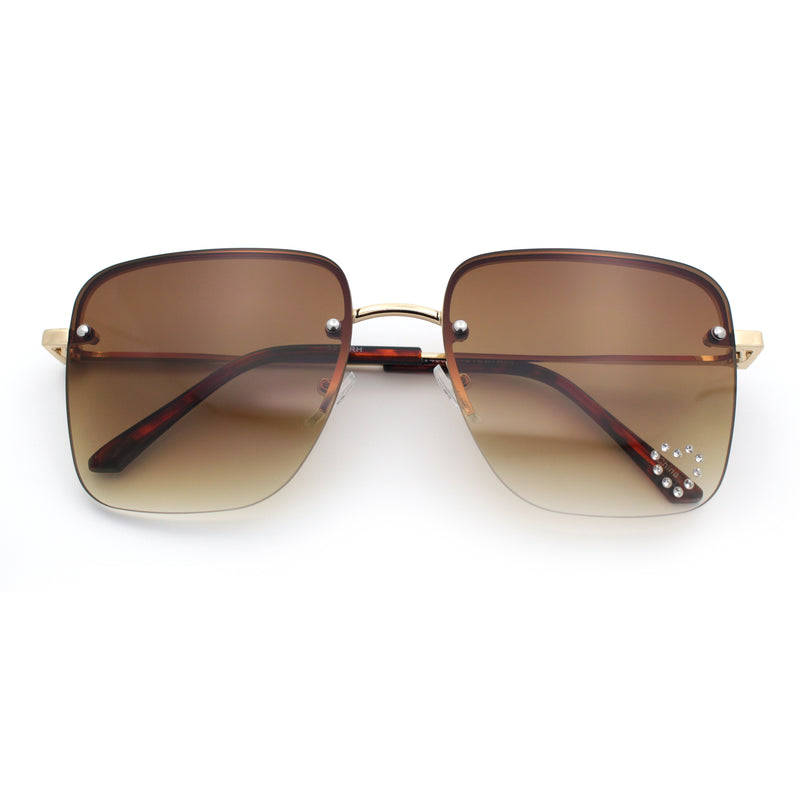 Womens Rimless Rectangle Rhinestone Heart Jewel Studded Lens Metal Sunglasses
