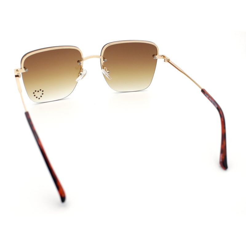 Womens Rimless Rectangle Rhinestone Heart Jewel Studded Lens Metal Sunglasses