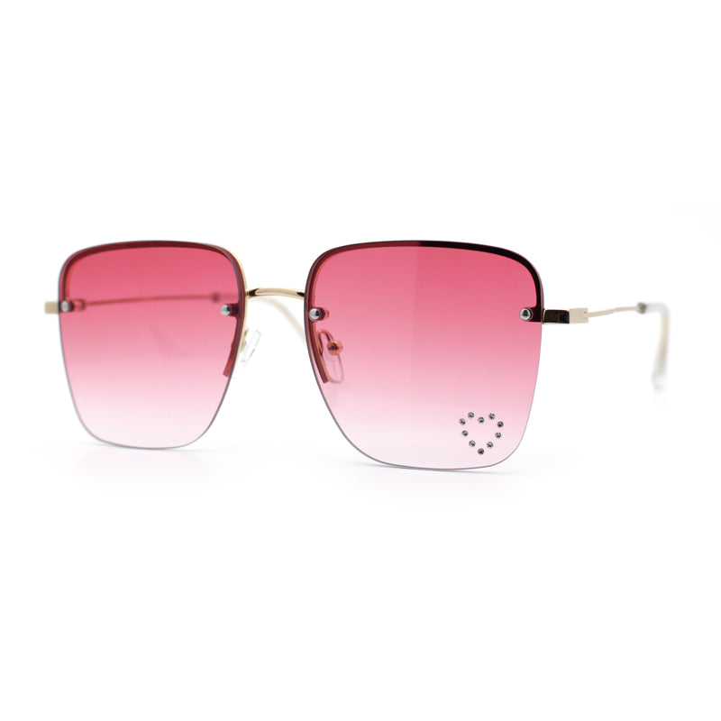 Womens Rimless Rectangle Rhinestone Heart Jewel Studded Lens Metal Sunglasses