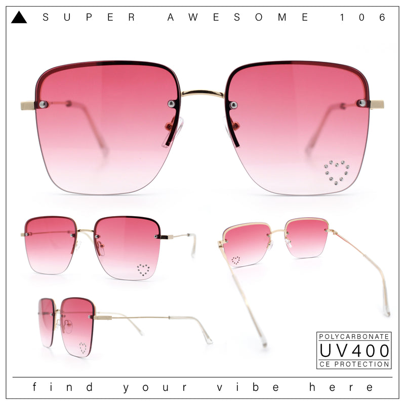Womens Rimless Rectangle Rhinestone Heart Jewel Studded Lens Metal Sunglasses