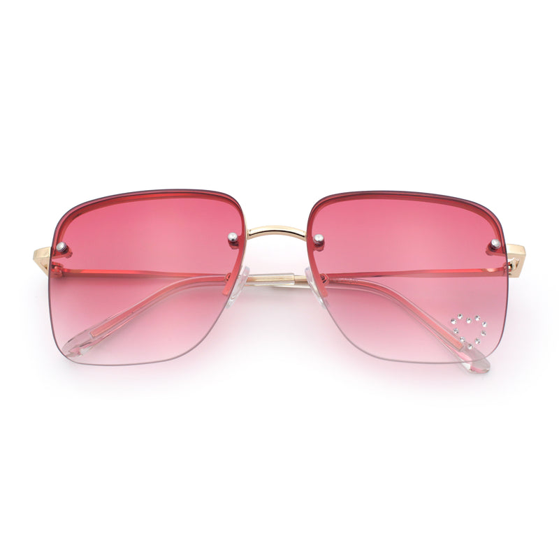 Womens Rimless Rectangle Rhinestone Heart Jewel Studded Lens Metal Sunglasses