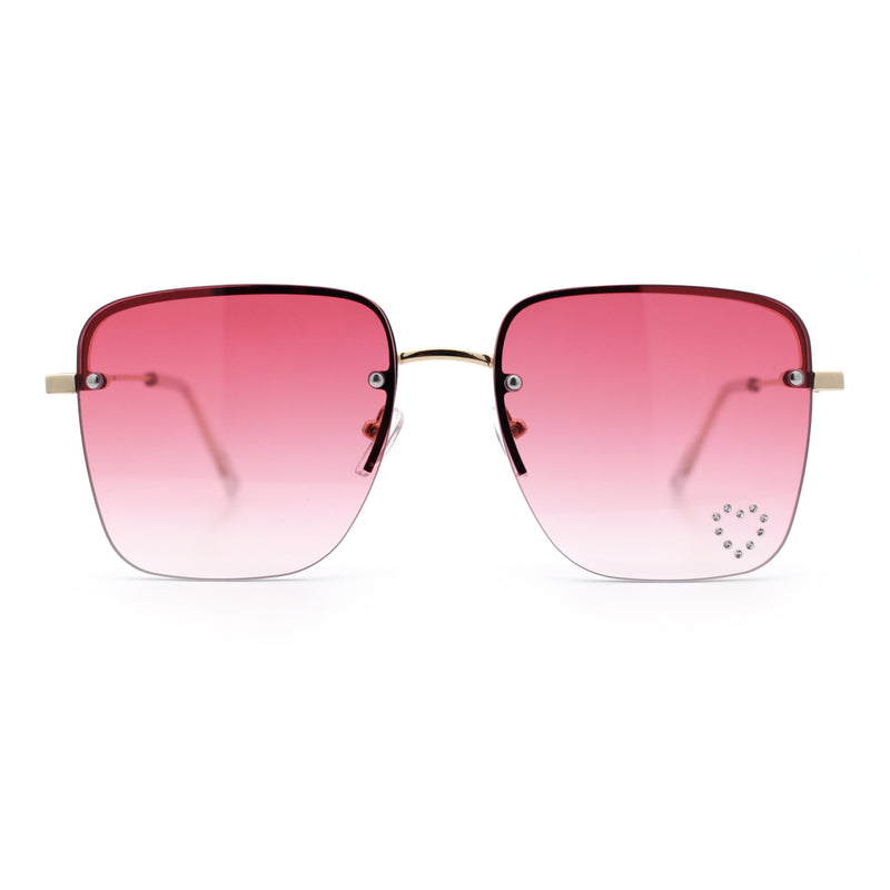 Womens Rimless Rectangle Rhinestone Heart Jewel Studded Lens Metal Sunglasses