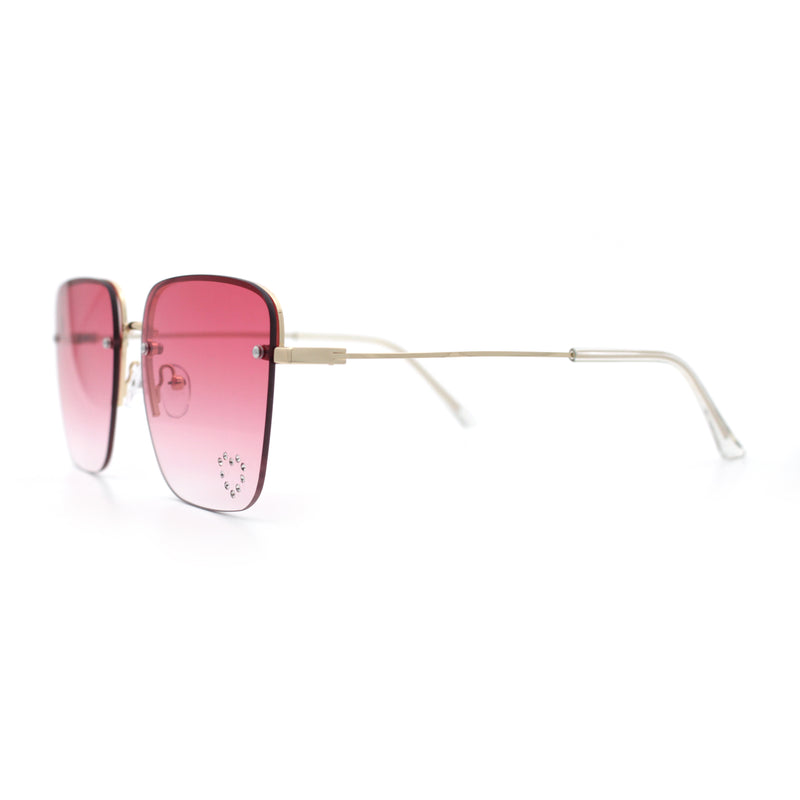 Womens Rimless Rectangle Rhinestone Heart Jewel Studded Lens Metal Sunglasses