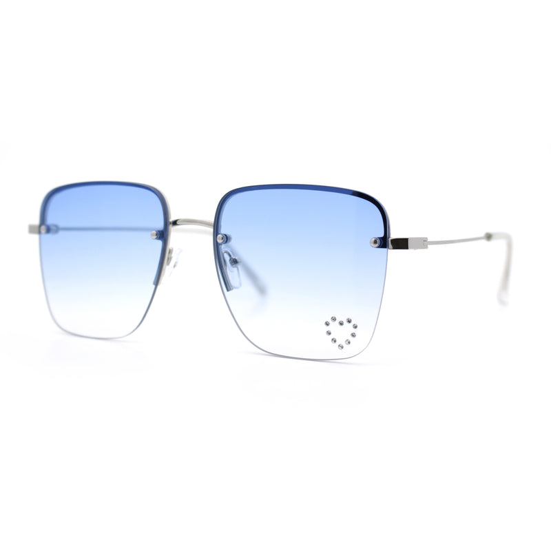 Womens Rimless Rectangle Rhinestone Heart Jewel Studded Lens Metal Sunglasses
