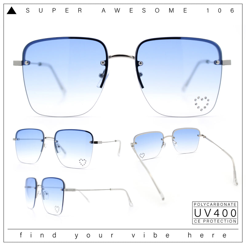 Womens Rimless Rectangle Rhinestone Heart Jewel Studded Lens Metal Sunglasses
