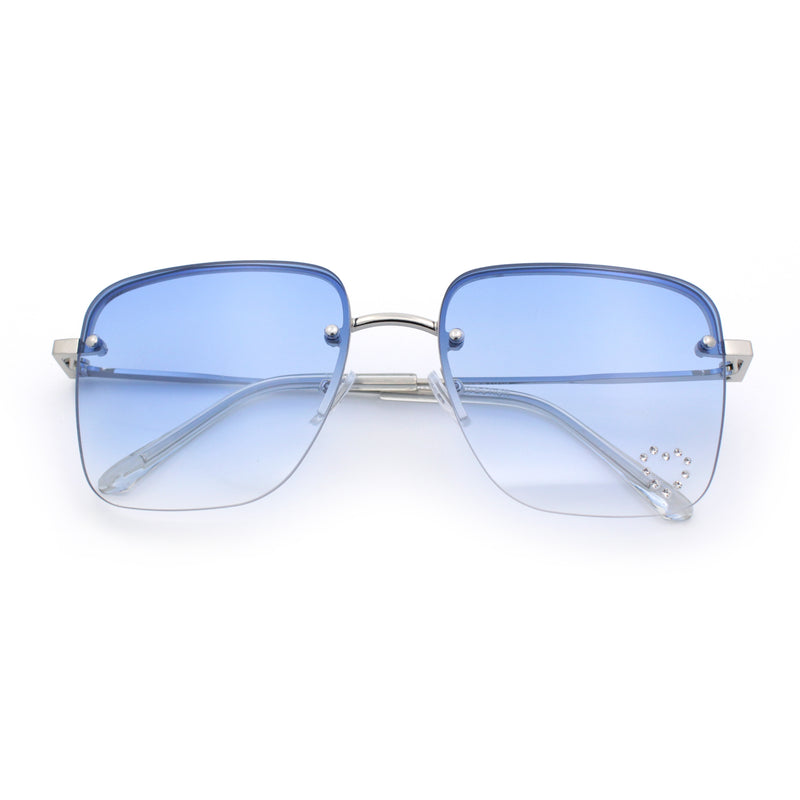 Womens Rimless Rectangle Rhinestone Heart Jewel Studded Lens Metal Sunglasses