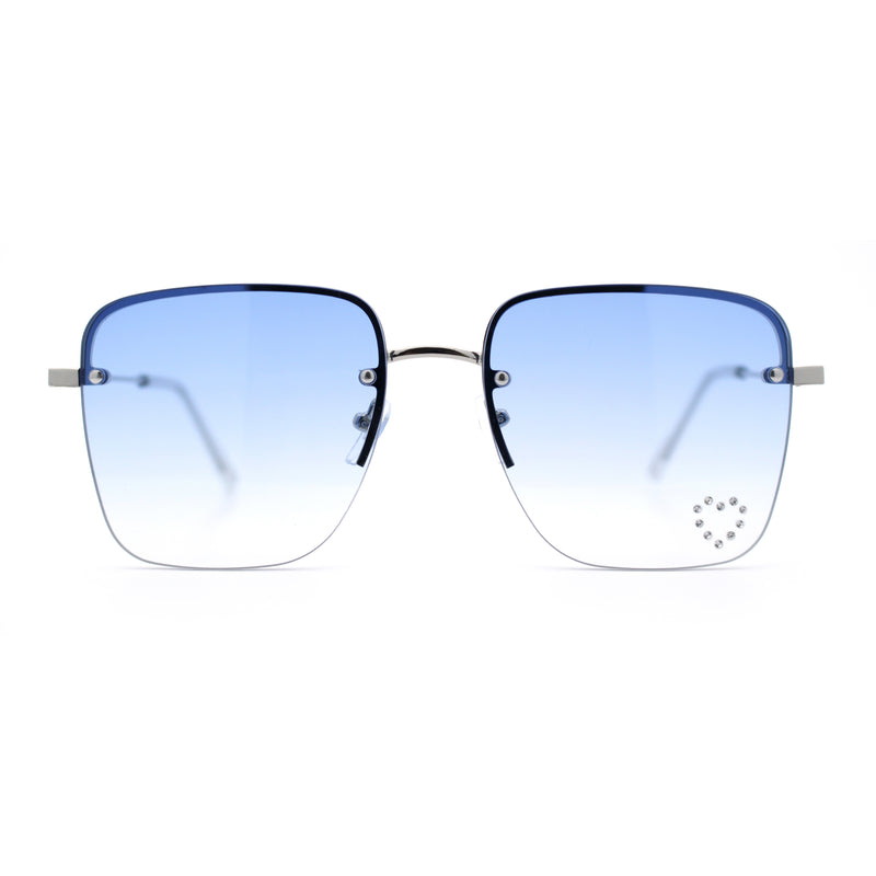 Womens Rimless Rectangle Rhinestone Heart Jewel Studded Lens Metal Sunglasses