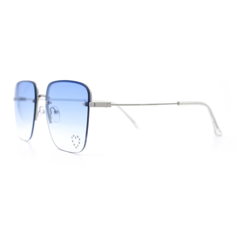 Womens Rimless Rectangle Rhinestone Heart Jewel Studded Lens Metal Sunglasses