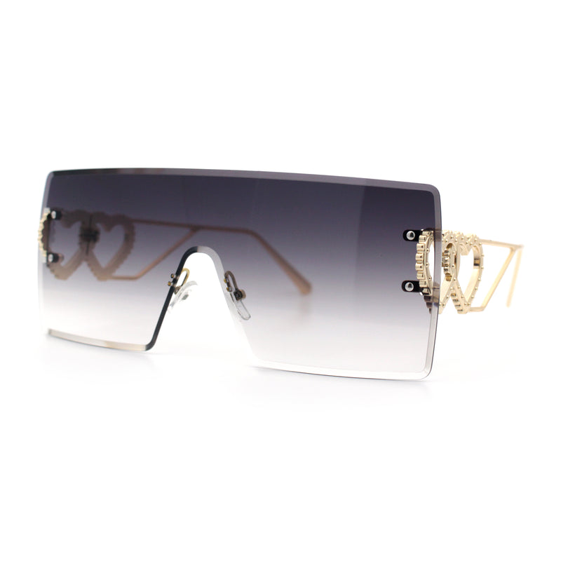 Womens Oversized Rimless Shield Luxury Heart Bling Jewel Hinge Sunglasses