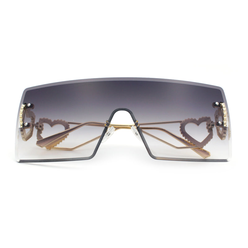 Womens Oversized Rimless Shield Luxury Heart Bling Jewel Hinge Sunglasses