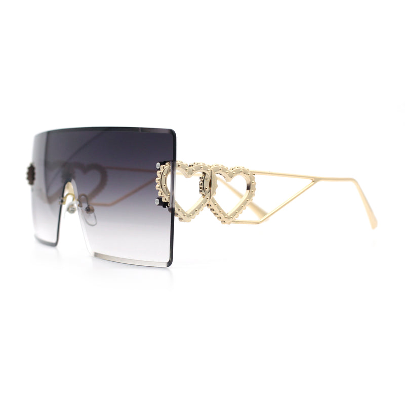 Womens Oversized Rimless Shield Luxury Heart Bling Jewel Hinge Sunglasses