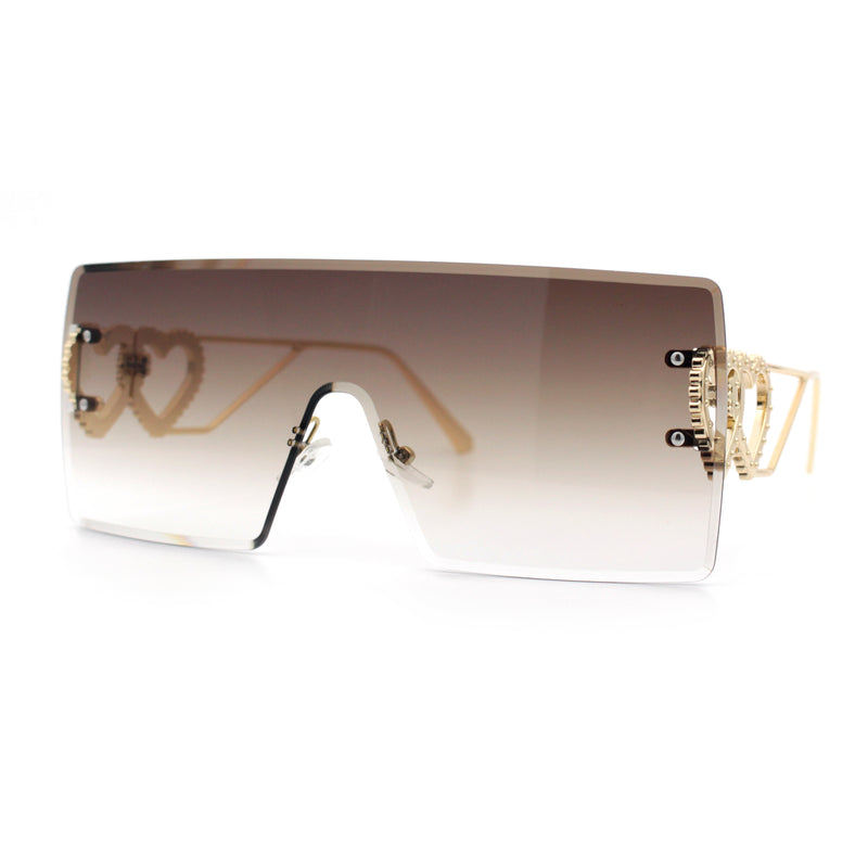 Womens Oversized Rimless Shield Luxury Heart Bling Jewel Hinge Sunglasses