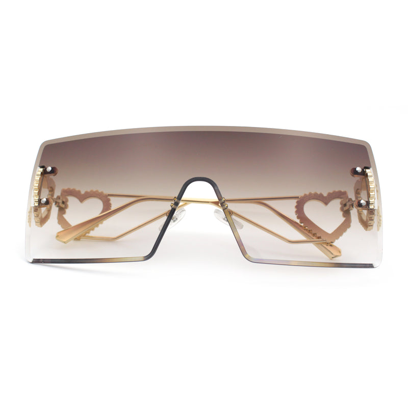 Womens Oversized Rimless Shield Luxury Heart Bling Jewel Hinge Sunglasses