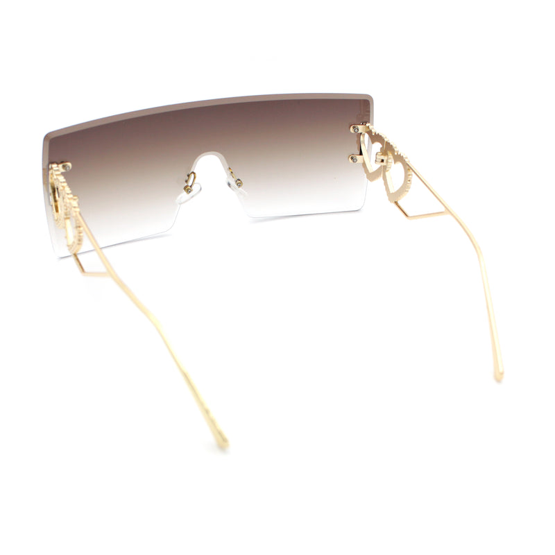 Womens Oversized Rimless Shield Luxury Heart Bling Jewel Hinge Sunglasses