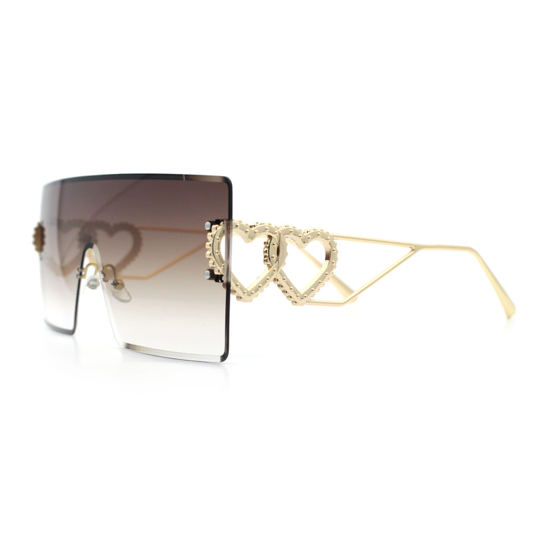 Womens Oversized Rimless Shield Luxury Heart Bling Jewel Hinge Sunglasses