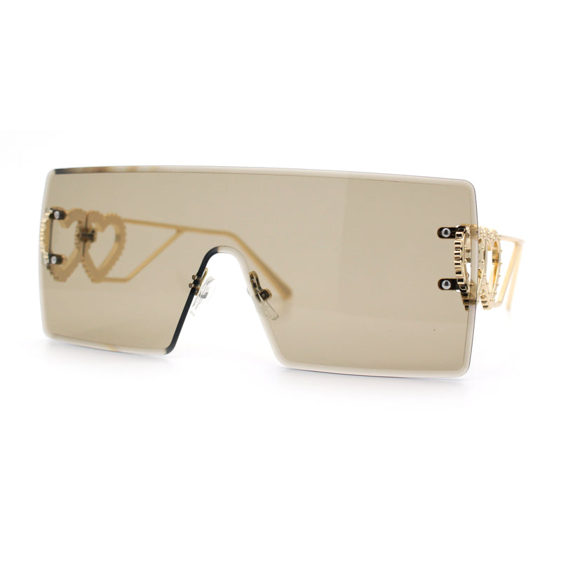 Womens Oversized Rimless Shield Luxury Heart Bling Jewel Hinge Sunglasses