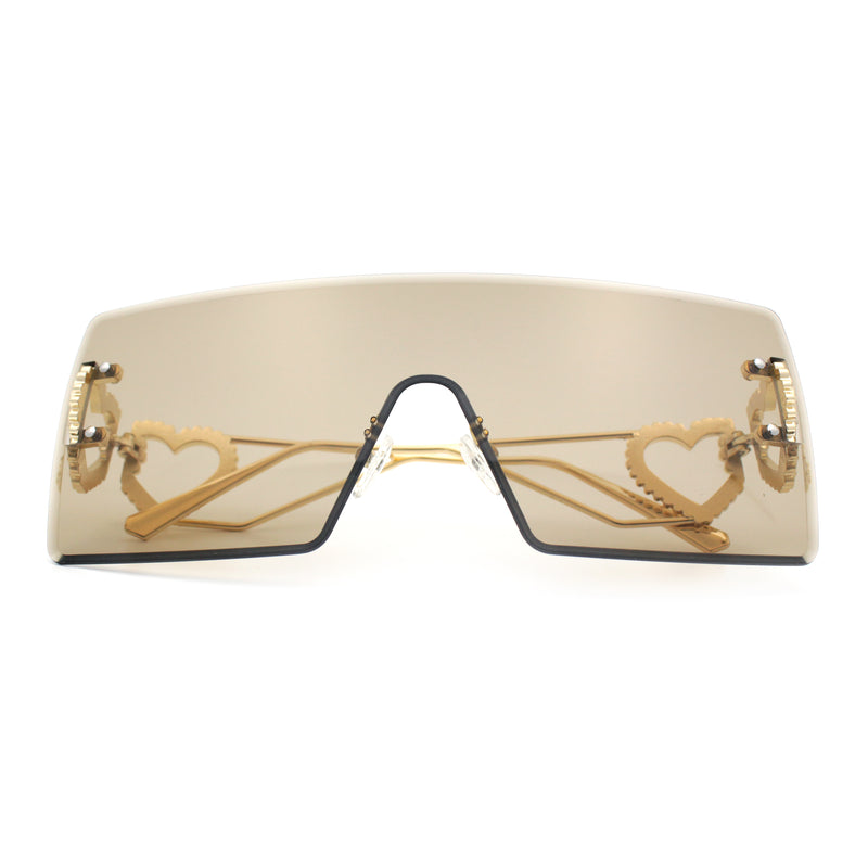 Womens Oversized Rimless Shield Luxury Heart Bling Jewel Hinge Sunglasses