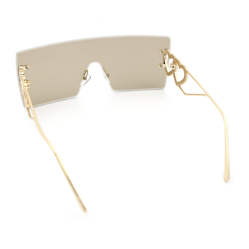 Womens Oversized Rimless Shield Luxury Heart Bling Jewel Hinge Sunglasses