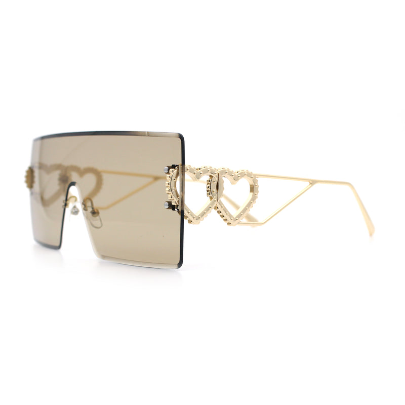 Womens Oversized Rimless Shield Luxury Heart Bling Jewel Hinge Sunglasses