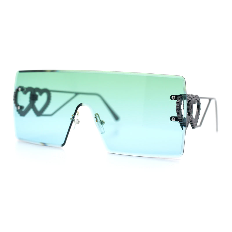 Womens Oversized Rimless Shield Luxury Heart Bling Jewel Hinge Sunglasses