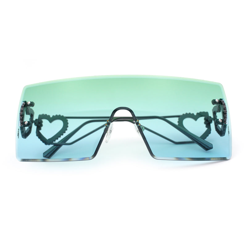 Womens Oversized Rimless Shield Luxury Heart Bling Jewel Hinge Sunglasses