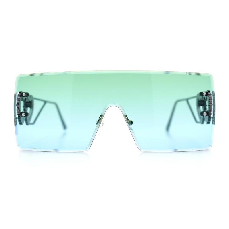 Womens Oversized Rimless Shield Luxury Heart Bling Jewel Hinge Sunglasses