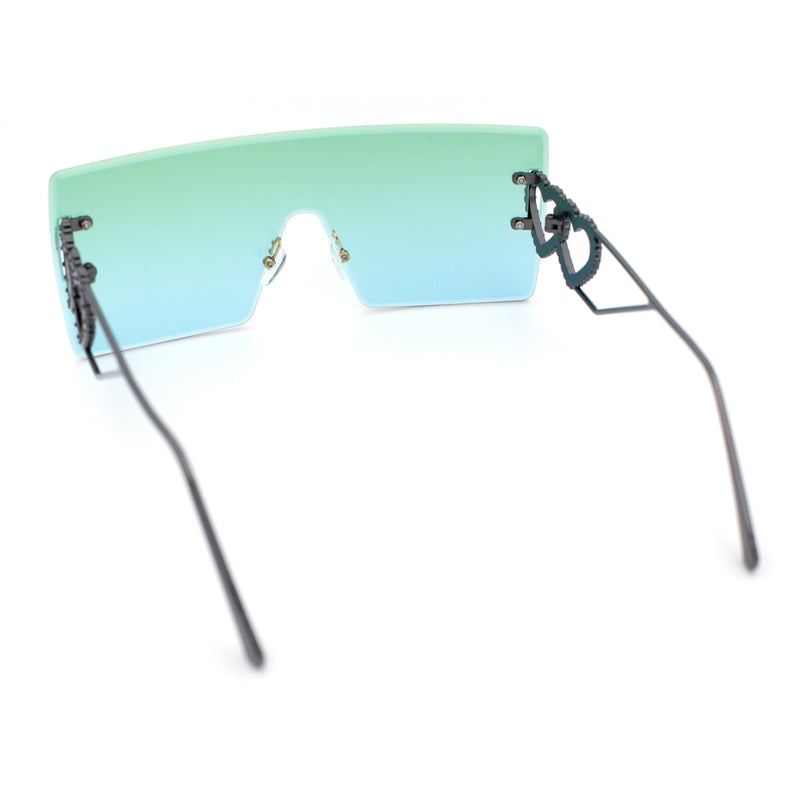 Womens Oversized Rimless Shield Luxury Heart Bling Jewel Hinge Sunglasses