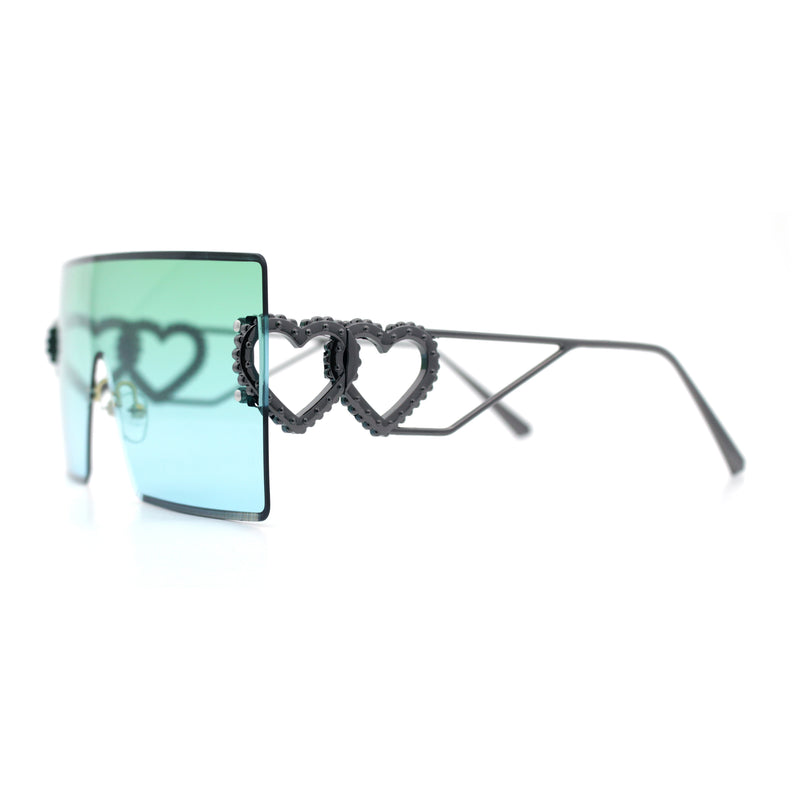 Womens Oversized Rimless Shield Luxury Heart Bling Jewel Hinge Sunglasses