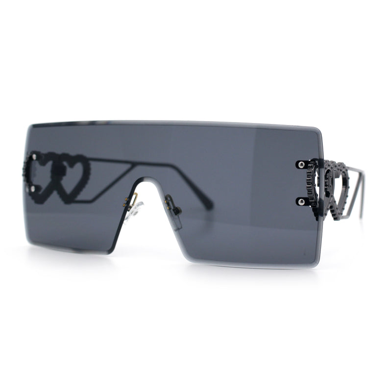 Womens Oversized Rimless Shield Luxury Heart Bling Jewel Hinge Sunglasses