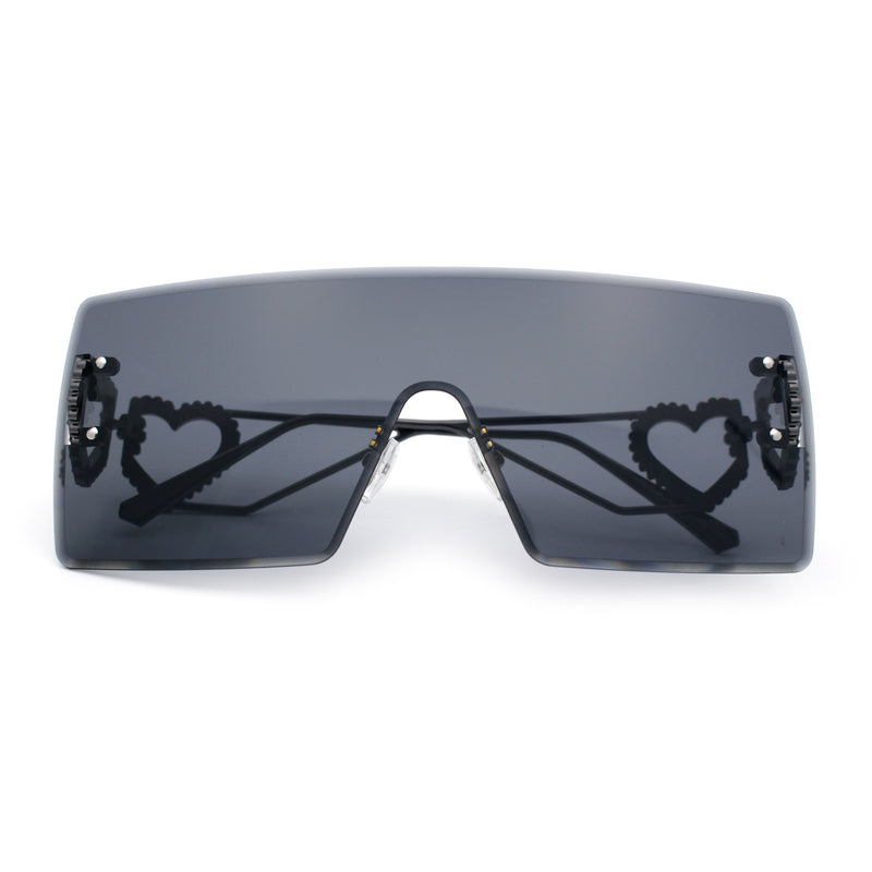 Womens Oversized Rimless Shield Luxury Heart Bling Jewel Hinge Sunglasses